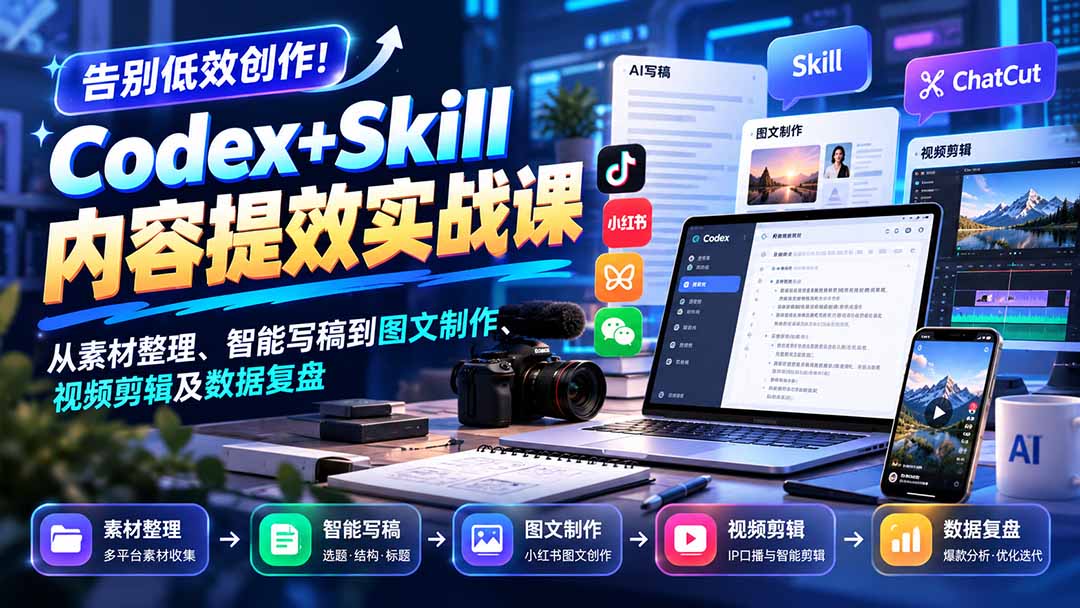 （20915期）【无水印】告别低效创作！Codex+Skill内容提效实战课：从素材整理、智能写稿到图文制作、视频剪辑及数据复盘-我爱项目网
