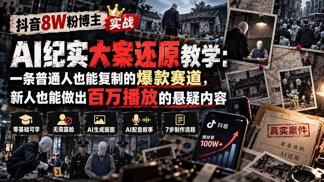 （20865期）抖音8W粉博主AI纪实大案还原教学：一条普通人也能复制的爆款赛道，新人也能做出百万播放的悬疑内容-我爱项目网