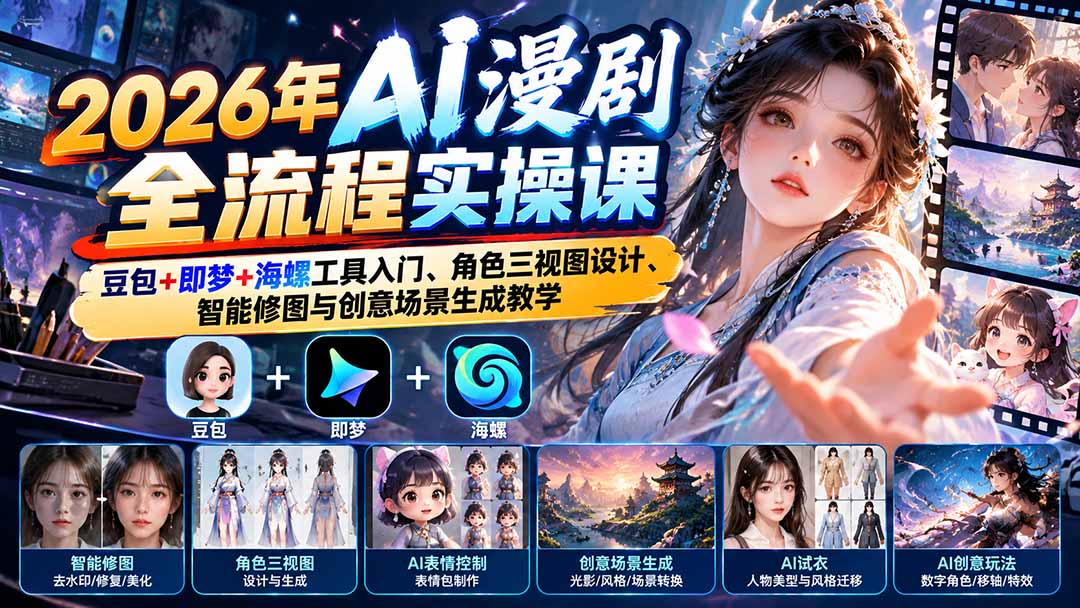 (21077期)2026年AI漫剧全流程实操课:豆包+即梦+海螺工具入门、角色三视图设计、智能修图与创意场景生成教学-我爱项目网