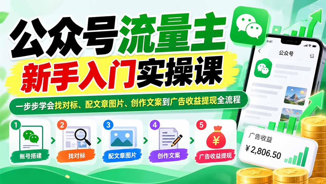 （20816期）公众号流量主新手入门实操课：一步步学会找对标、配文章图片、创作文案到广告收益提现全流程-我爱项目网
