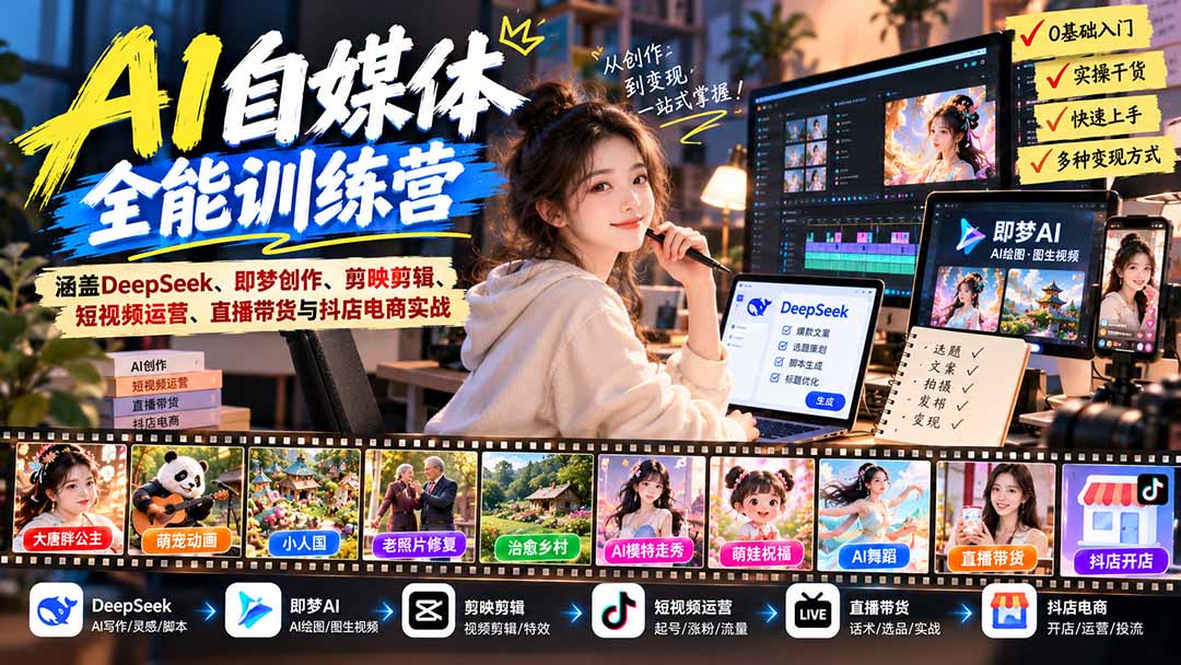 （21201期）【无水印】AI+自媒体全能训练营：涵盖DeepSeek、即梦创作、剪映剪辑、短视频运营、直播带货与抖店电商实战-我爱项目网