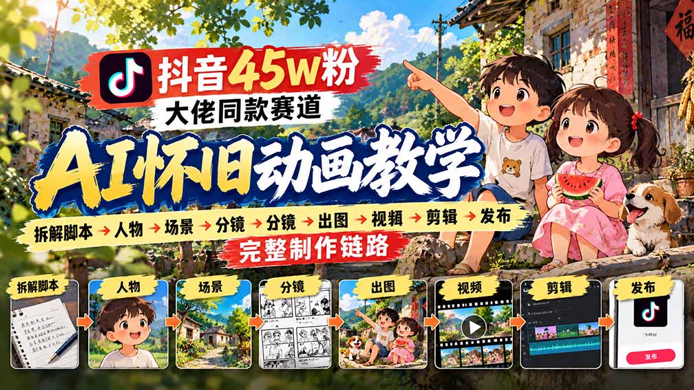 (20781期)抖音45W粉大佬同款赛道AI怀旧动画教学:拆解脚本→人物→场景→分镜→出图→视频→剪辑→发布完整制作链路-我爱项目网