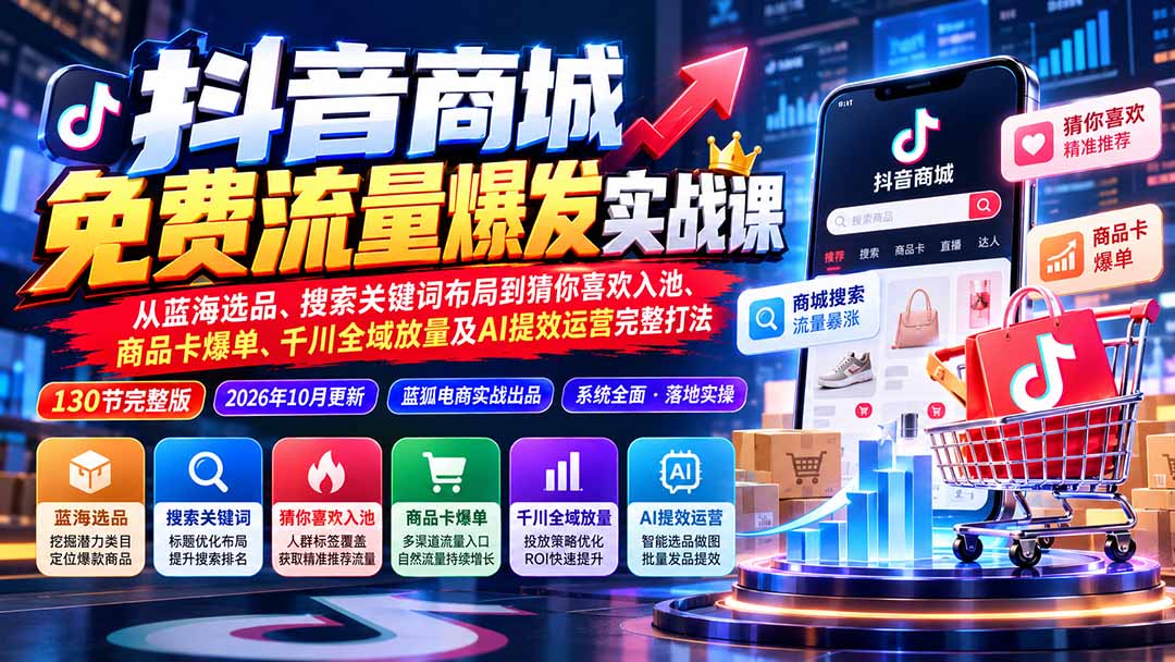 （20959期）抖音商城免费流量爆发实战：从蓝海选品、搜索关键词布局到猜你喜欢入池、商品卡爆单、千川全域放量及AI提效完整打法-我爱项目网