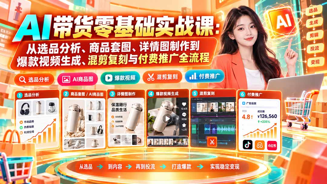 （20856期）AI带货零基础实战课：从选品分析、商品套图、详情图制作到爆款视频生成、混剪复刻与付费推广全流程-我爱项目网