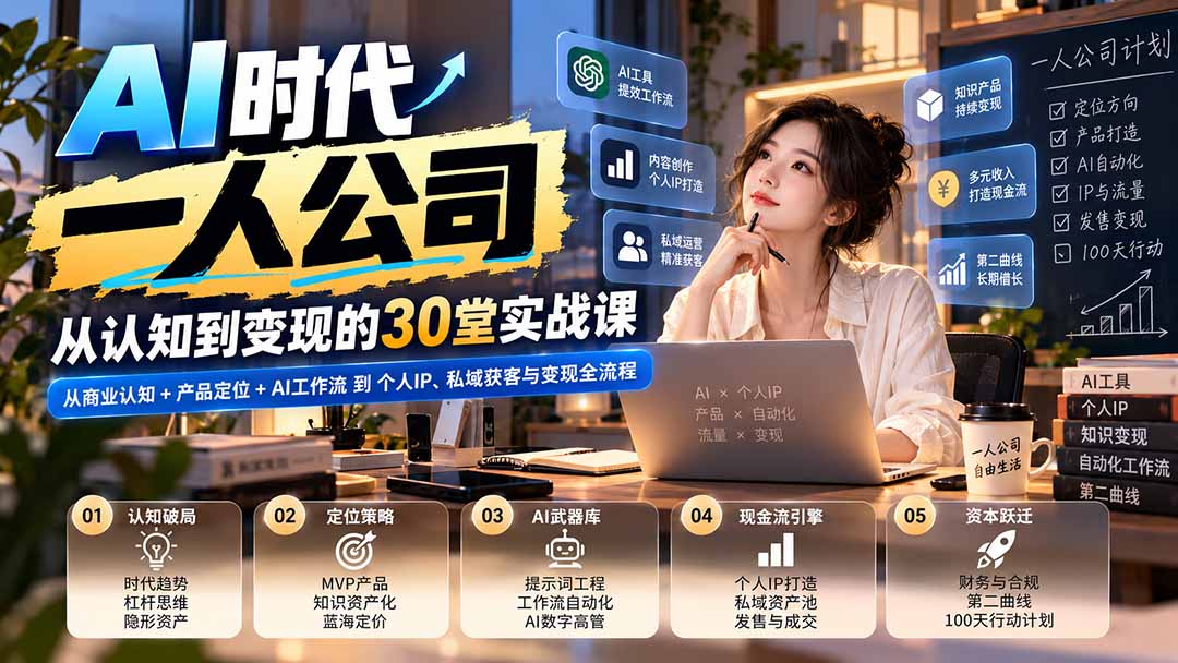 （20847期）【无水印】AI时代一人公司30堂实战课：从商业认知+产品定位+AI工作流到个人IP、私域获客与变现全流程-我爱项目网