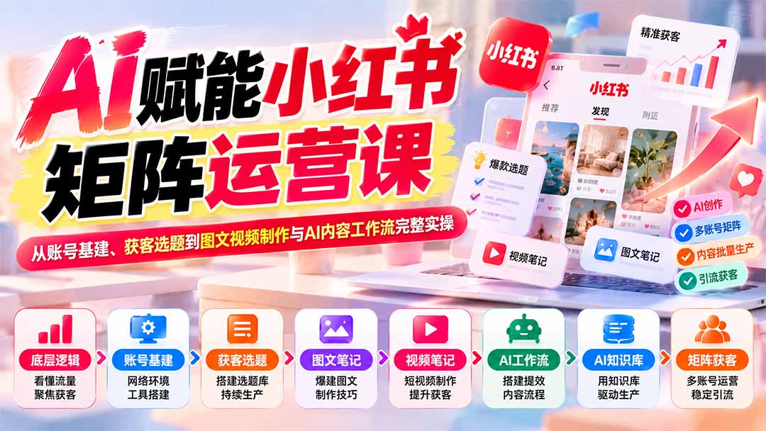 （20822期）AI赋能小红书矩阵运营课：从账号基建、获客选题到图文视频制作与AI内容工作流完整实操-我爱项目网
