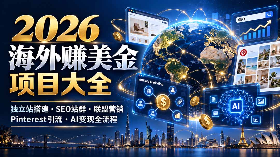 （21200期）2026海外赚美金项目大全：独立站搭建、SEO站群、联盟营销、Pinterest引流与AI变现全流程-我爱项目网