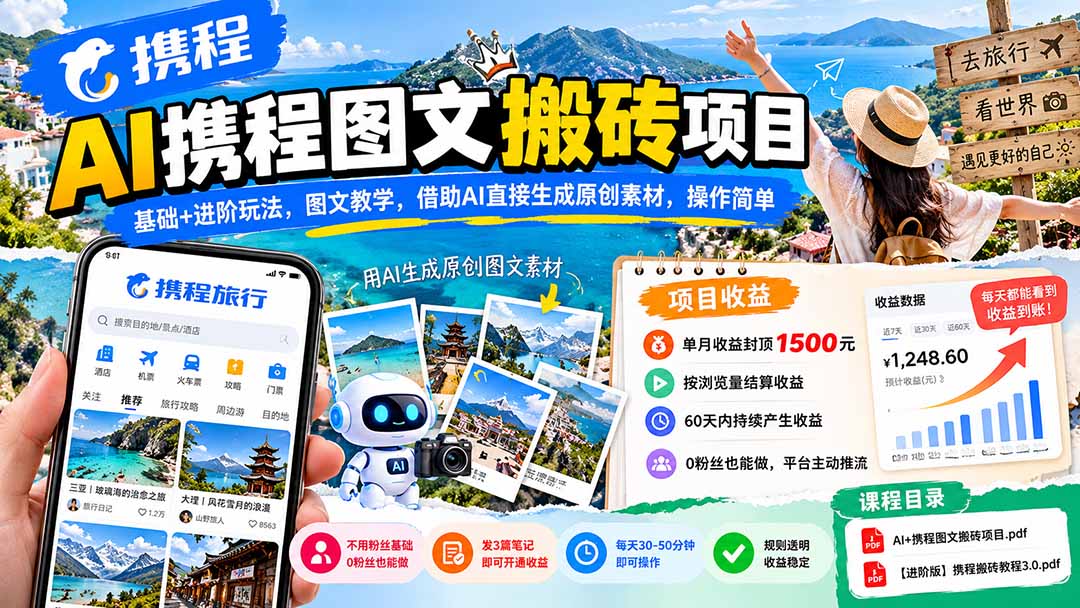 （21180期）AI携程图文搬砖项目，基础+进阶玩法，图文教学，借助AI直接生成原创素材，操作简单-我爱项目网