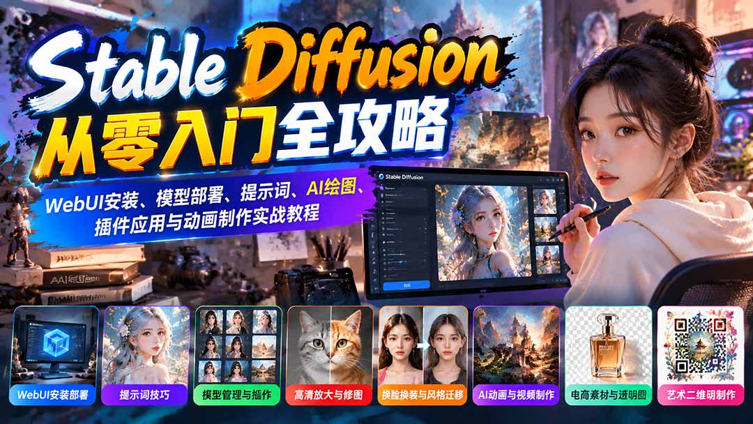 (21062期)Stable Diffusion从零入门全攻略:WebUI安装、模型部署、提示词、AI绘图、插件应用与动画制作实战教程-我爱项目网