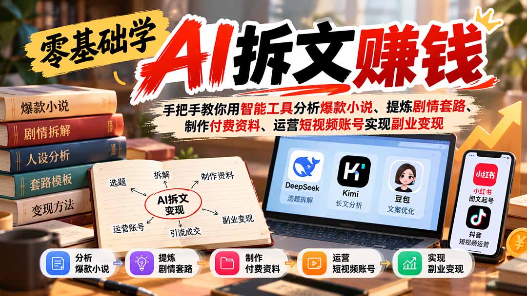 （21030期）零基础学AI拆文赚钱：手把手教你用智能工具分析爆款小说、提炼剧情套路、制作付费资料、运营短视频账号实现副业变现-我爱项目网