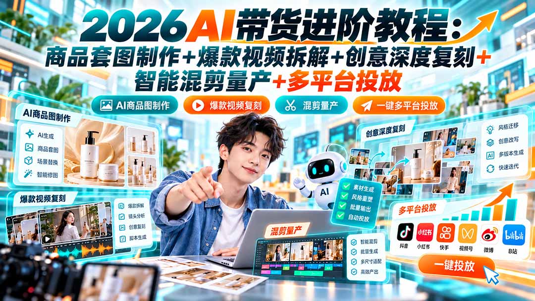 （20857期）2026AI带货进阶教程：商品套图制作+爆款视频拆解+创意深度复刻+智能混剪量产+多平台投放-我爱项目网