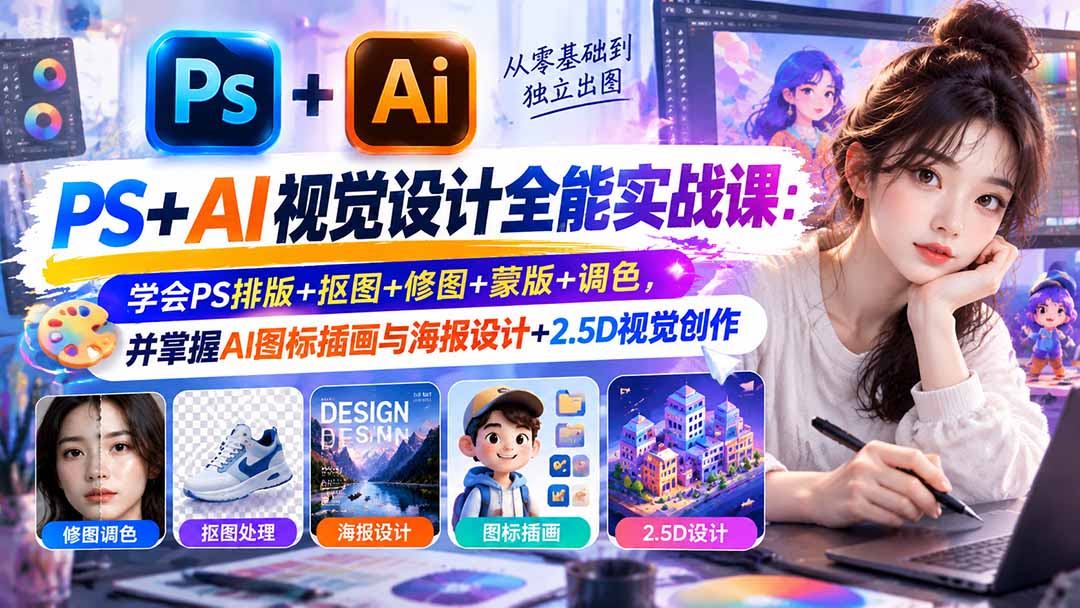 （20749期）【无水印】PS+AI视觉设计全能实战课：学会PS排版+抠图+修图+蒙版+调色，并掌握AI图标插画与海报设计+2.5D视觉创作-我爱项目网