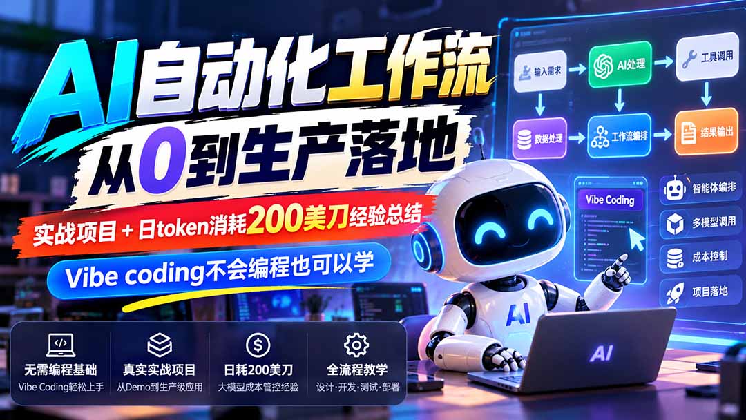 （20954期）【无水印】AI自动化工作流从0到生产落地，实战项目+日token消耗200美刀经验总结，Vibe coding不会编程也可以学-我爱项目网