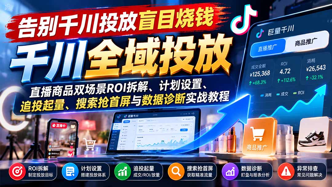 （21079期）告别千川投放盲目烧钱：直播商品双场景ROI拆解、计划设置、追投起量、搜索抢首屏与数据诊断实战教程-我爱项目网