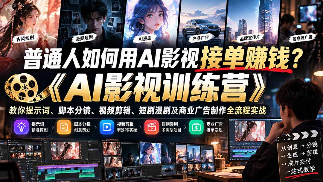 （21230期）普通人如何用AI影视接单赚钱？《AI影视训练营》教你提示词、脚本分镜、视频剪辑、短剧漫剧及商业广告制作全流程实战-我爱项目网