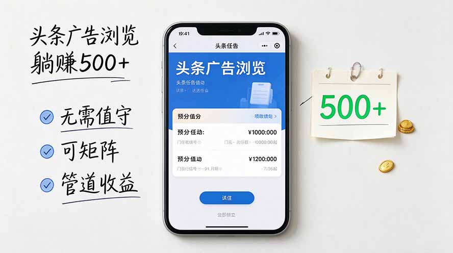 （20835期）头条广告浏览躺赚500+无需值守，可矩阵并附有管道收益-我爱项目网