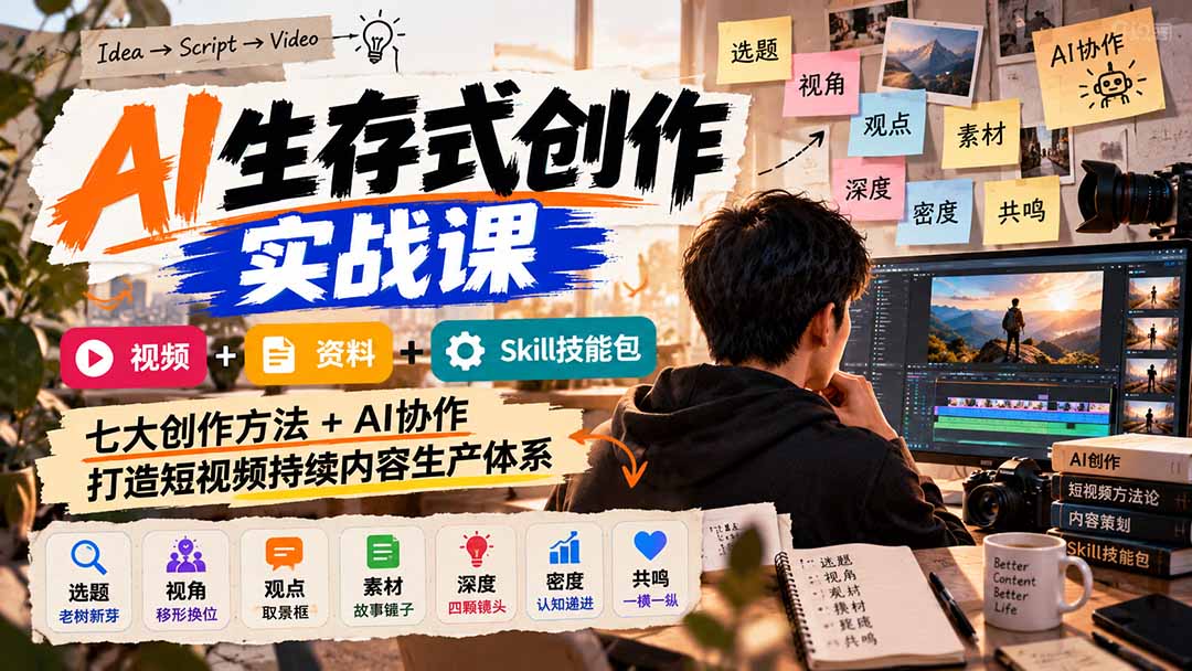 （21081期）AI生存式创作实战课：视频+资料+Skill技能包，七大创作方法+AI协作，打造短视频持续内容生产体系-我爱项目网