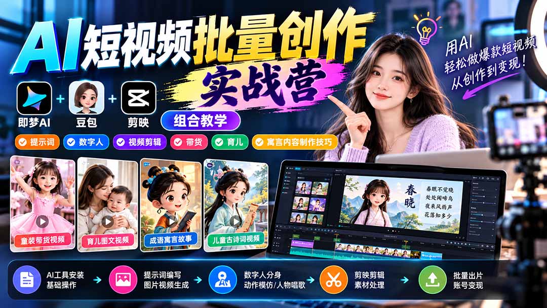 (21039期)【无水印】AI短视频批量创作实战营:即梦+豆包+剪映组合教学,提示词/数字人/视频剪辑/带货/育儿/寓言内容制作技巧-我爱项目网