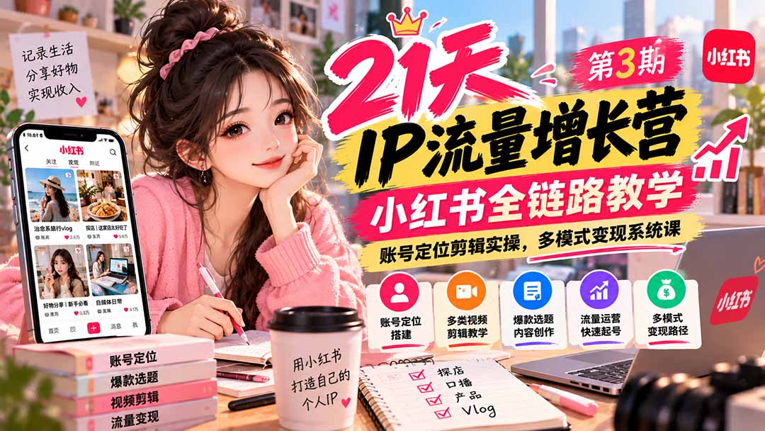 (20992期)【无水印】21天IP流量增长营-第3期,小红书全链路教学,账号定位剪辑实操,多模式变现系统课-我爱项目网