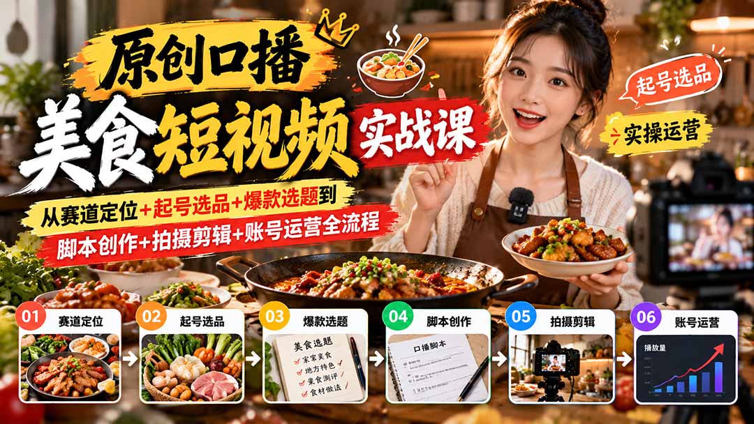 （20786期）原创口播美食短视频实战课：从赛道定位+起号选品+爆款选题到脚本创作+拍摄剪辑+账号运营全流程-我爱项目网