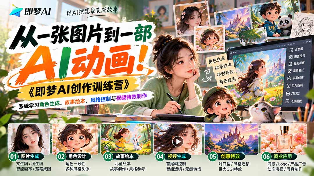 （21160期）【无水印】从一张图片到一部AI动画！《即梦AI创作训练营》系统学习角色生成、故事绘本、风格控制与视频特效制作-我爱项目网