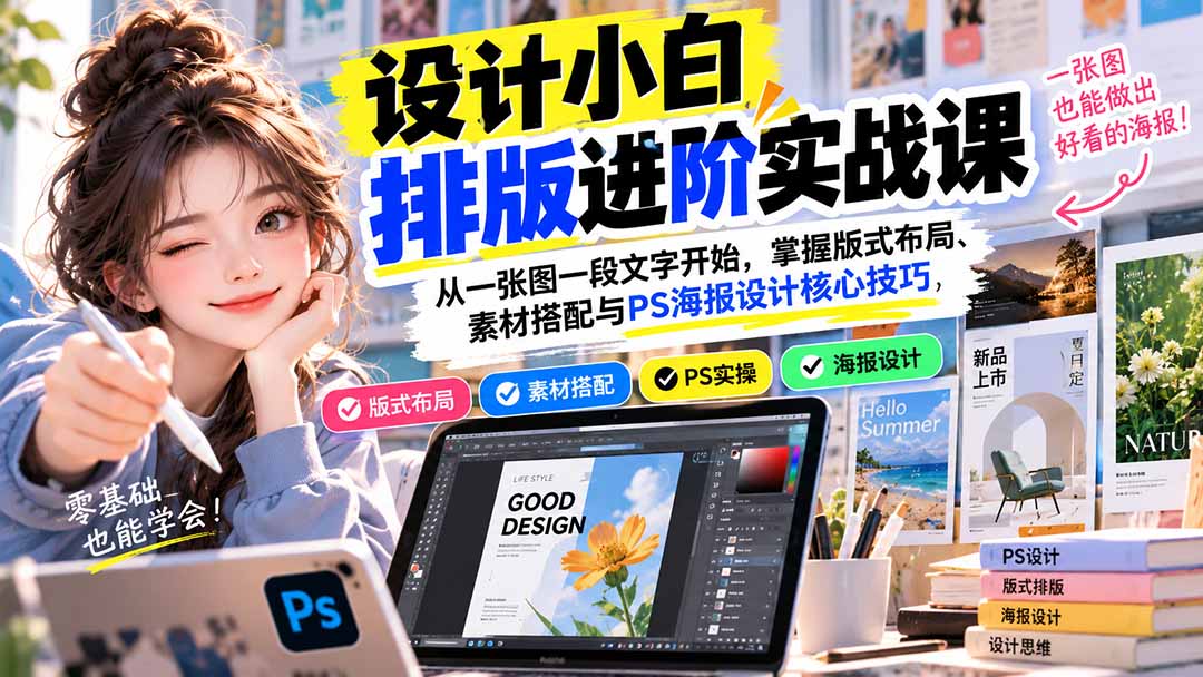 （20838期）设计小白排版进阶实战课：从一张图一段文字开始，掌握版式布局、素材搭配与PS海报设计核心技巧-我爱项目网