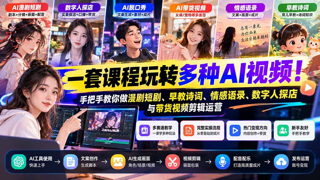 （21271期）【无水印】一套课程玩转多种AI视频！手把手教你做漫剧短剧、早教诗词、情感语录、数字人探店与带货视频剪辑运营-我爱项目网