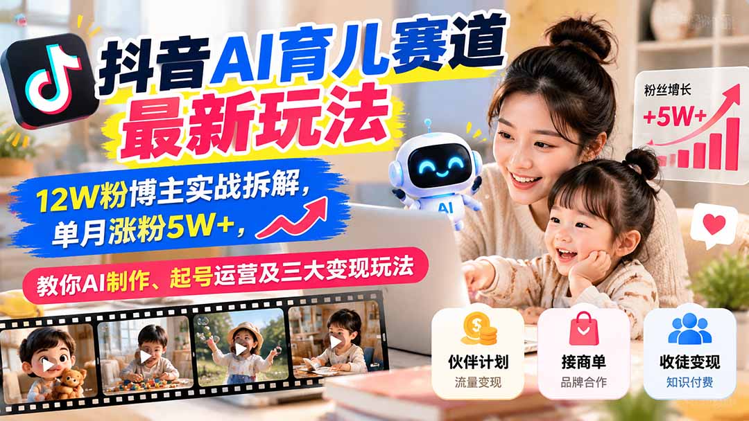 （21082期）抖音AI育儿赛道最新玩法：12W粉博主实战拆解，单月涨粉5W+，教你AI制作、起号运营及三大变现玩法-我爱项目网