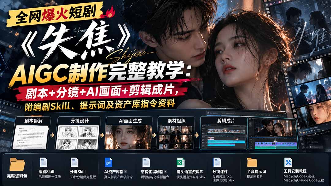 (20805期)全网爆火短剧《失焦》AIGC制作完整教学:剧本+分镜+AI画面+剪辑成片,附编剧Skill、提示词及资产库指令资料-我爱项目网