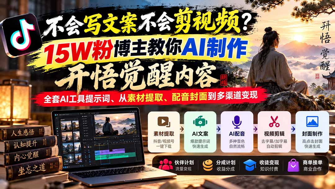 （21085期）不会写文案不会剪视频？15W粉博主教你AI制作开悟觉醒内容，全套AI工具提示词、从素材提取、配音封面到多渠道变现-我爱项目网