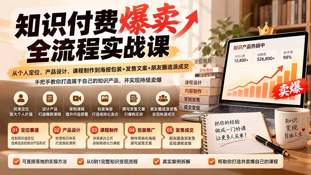 （20787期）【无水印】知识付费爆卖全流程实战课：从个人定位、产品设计、课程制作到海报包装+发售文案+朋友圈造浪成交-我爱项目网
