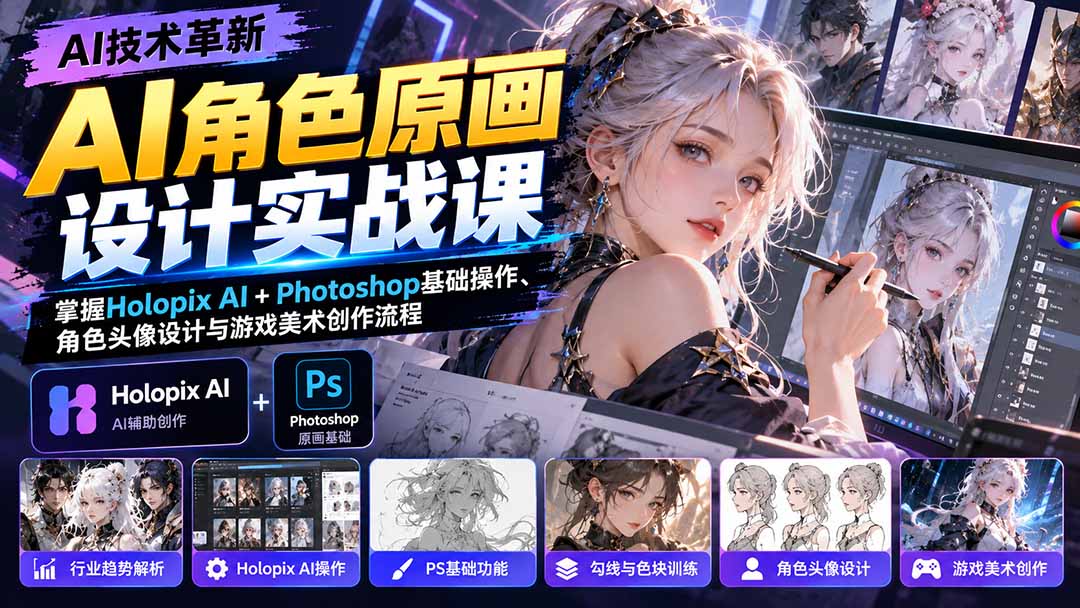 （20837期）AI角色原画设计实战课：掌握Holopix AI+Photoshop基础操作、角色头像设计与游戏美术创作流程-我爱项目网