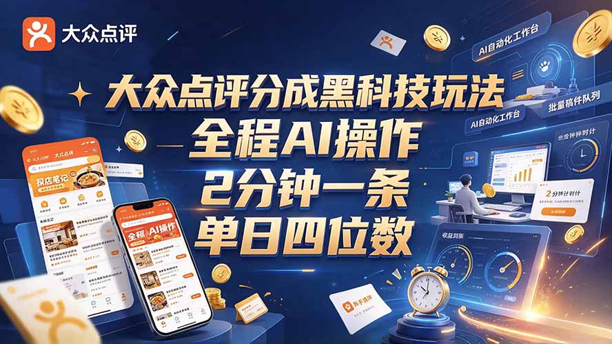 （21013期）大众点评分成全网独家玩法，AI 全自动出内容，2 分钟一条，小白可冲单日四位数-我爱项目网