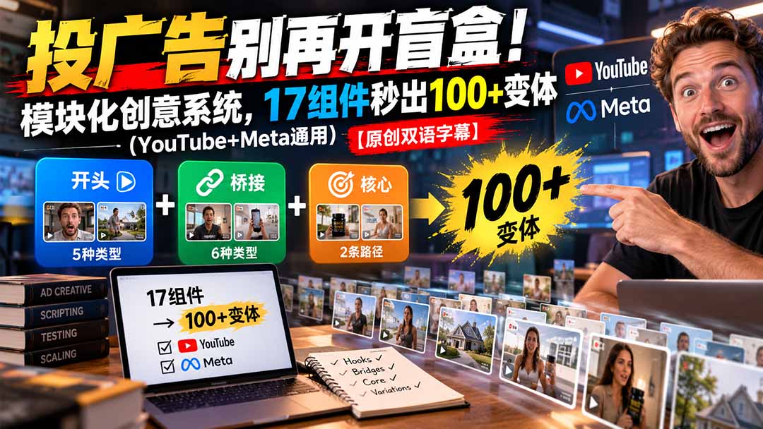 (20840期)投广告别再开盲盒!模块化创意系统,17组件秒出100+变体(YouTube+Meta通用)【原创双语字幕】-我爱项目网