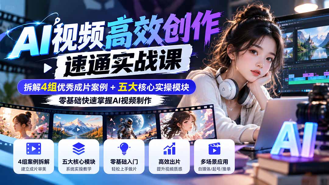 （20819期）【无水印】AI视频高效创作速通实战课：拆解4组优秀成片案例+五大核心实操模块，零基础快速掌握AI视频制作-我爱项目网