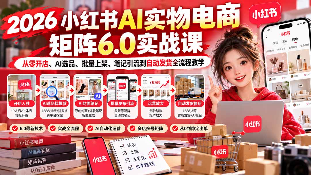 （21274期）2026小红书AI实物电商矩阵6.0实战课：从零开店、AI选品、批量上架、笔记引流到自动发货全流程教学-我爱项目网