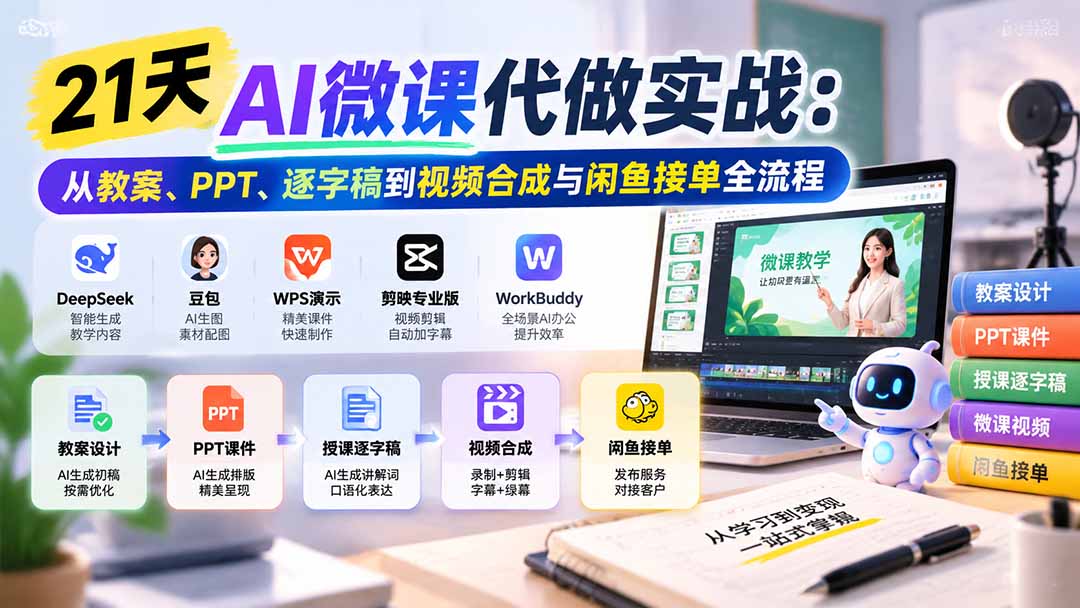 (21065期)21天AI微课代做实战:从教案、PPT、逐字稿到视频合成与闲鱼接单全流程-我爱项目网