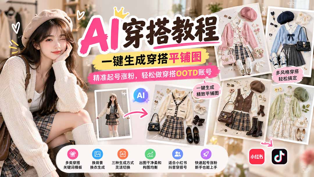 (21134期)【无水印】AI穿搭教程|一键生成穿搭平铺图,精准起号涨粉,轻松做穿搭OOTD账号-我爱项目网