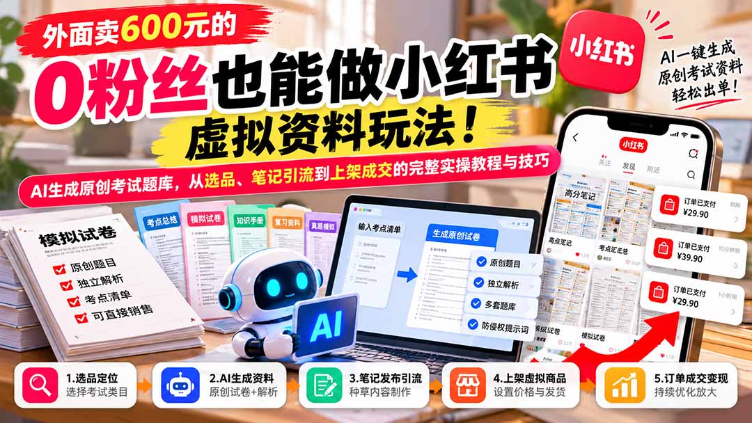 （21181期）外面卖600元的 零粉丝也能做小红书虚拟资料玩法！AI生成原创考试题库，从选品、笔记引流到上架成交的完整实操教程-我爱项目网