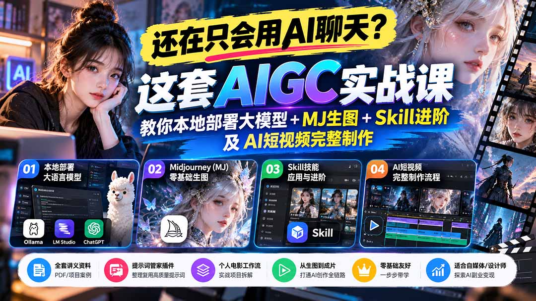 （21135期）【无水印】还在只会用AI聊天？这套AIGC实战课教你本地部署大模型+MJ生图+Skill进阶及AI短视频完整制作-我爱项目网