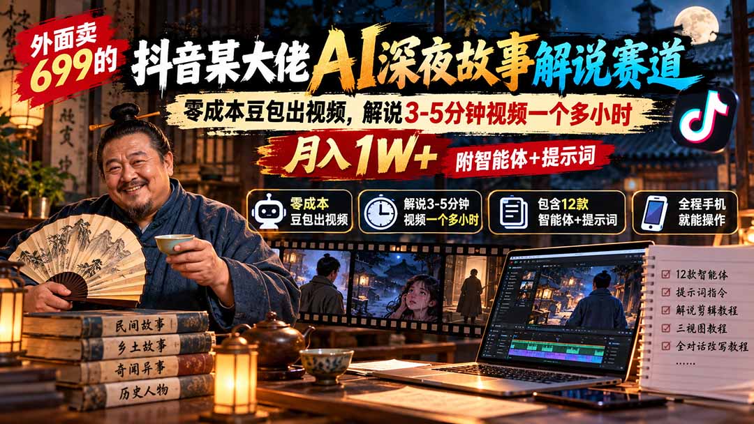 （20853期）外面卖699抖音某大佬AI深夜故事解说赛道-更新：0成本豆包出视频+解说3-5分钟视频一个多小时，月入1W+附智能体+提示词-我爱项目网