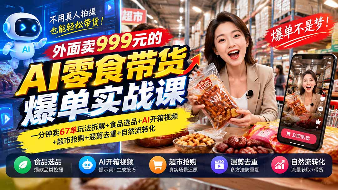 (20994期)外面卖999元的AI零食带货爆单实战课|一分钟卖67单玩法拆解+食品选品+AI开箱视频+超市抢购+混剪去重+自然流转化-我爱项目网