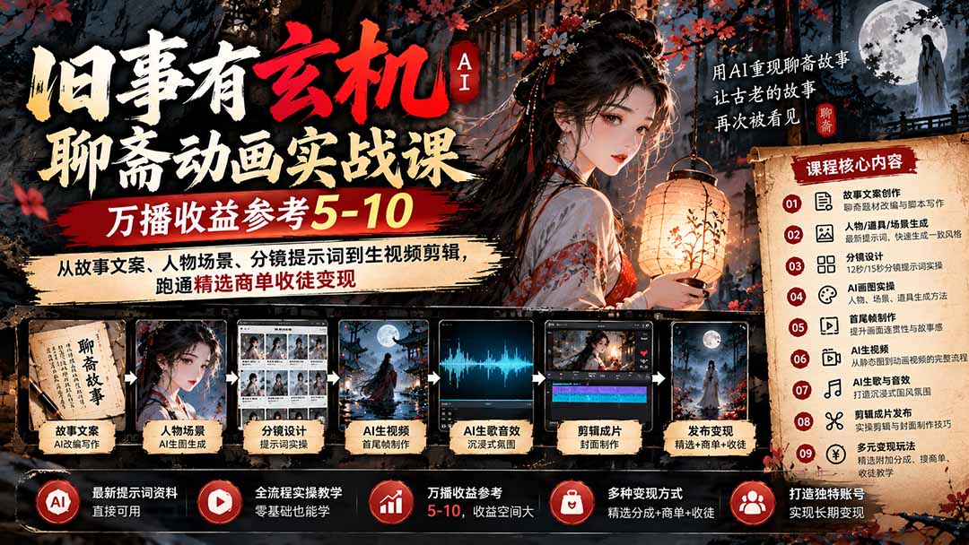 （20789期）旧事有玄机AI聊斋动画实战9月新课：万播收益参考5-10，从故事文案、人物场景到分镜生视频，跑通精选商单收徒-我爱项目网