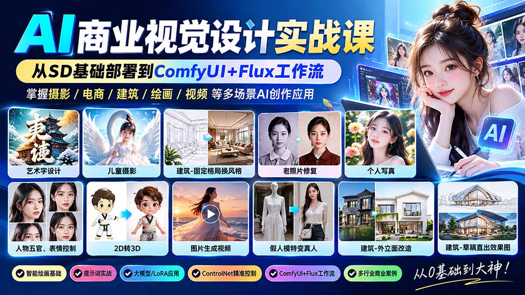 (20824期)【无水印】AI商业视觉设计实战课:从SD基础部署到ComfyUI+Flux工作流,掌握摄影电商建筑AI创作-我爱项目网