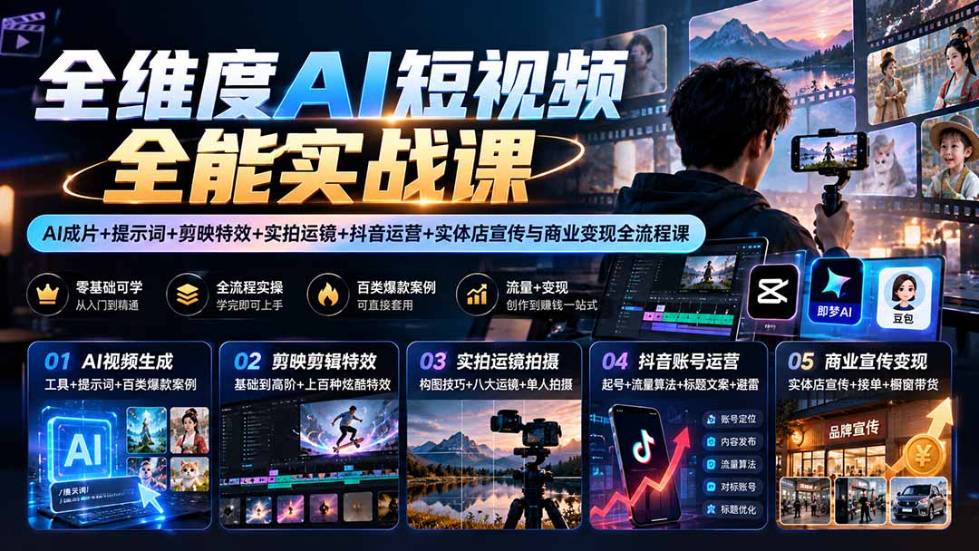 （20768期）【无水印】全维度AI短视频全能实战课：AI成片+提示词+剪映特效+实拍运镜+抖音运营+实体店宣传与商业变现全流程课-我爱项目网