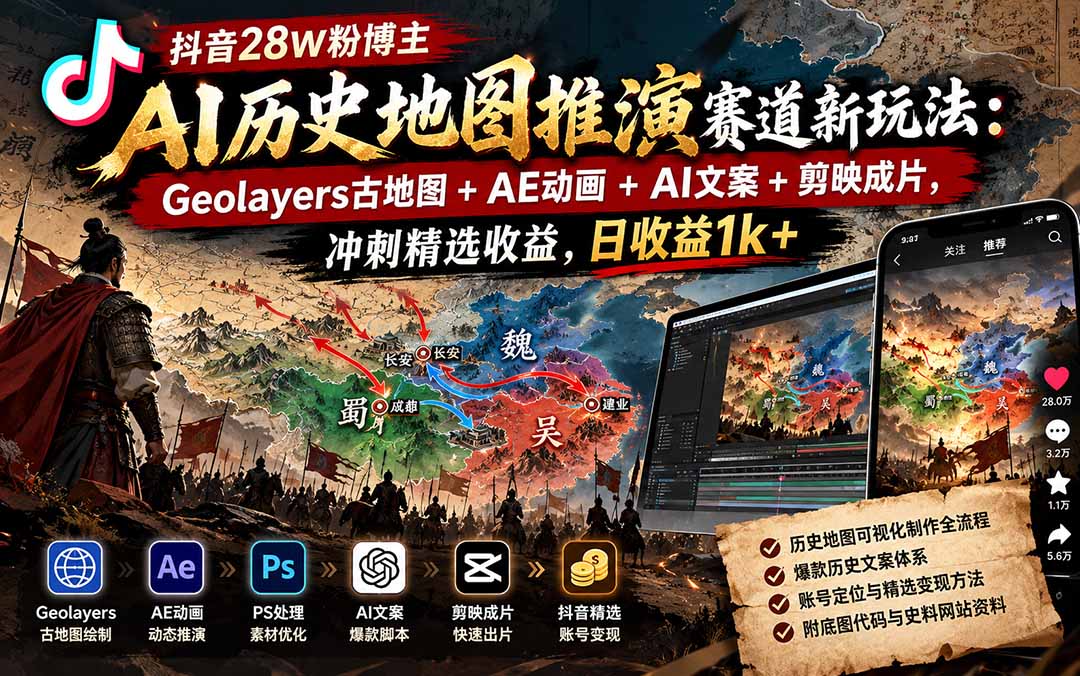 （20809期）抖音28W粉博主AI历史地图推演赛道新玩法：Geolayers古地图+AE动画+AI文案+剪映成片，冲刺精选收益，日收益1k+-我爱项目网