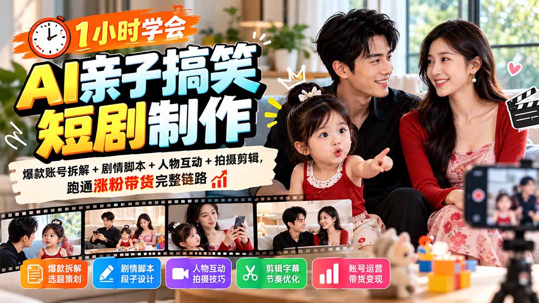 （20807期）1小时学会AI亲子搞笑短剧制作：爆款账号拆解+剧情脚本+人物互动+拍摄剪辑，跑通涨粉带货完整链路-我爱项目网