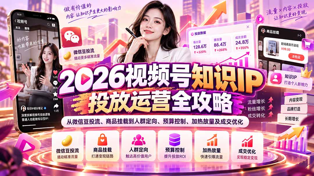 （20860期）2026视频号知识IP投放运营全攻略：从微信豆投流、商品挂载到人群定向、预算控制、加热放量及成交优化-我爱项目网