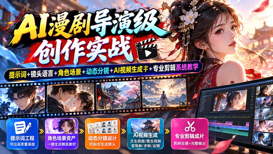 （20814期）AI漫剧导演级创作实战：提示词+镜头语言+角色场景+动态分镜+AI视频生成+专业剪辑系统教学-我爱项目网