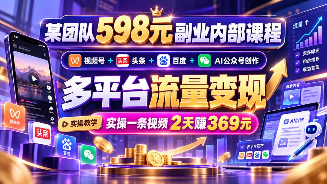 （21238期）某团队598元副业内部课程：视频号+头条+百度+AI公众号创作、多平台流量变现，实操一条视频2天赚369元-我爱项目网